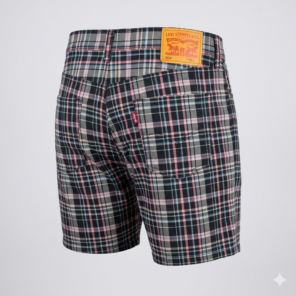 Levis 504 Regular Fit Plaid Shorts Mens 40 Black Pink Blue Checkered Cotton